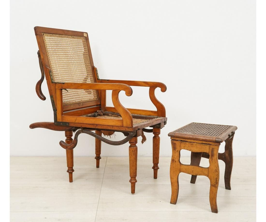 CAMPAIGN FOLDING ARMCHAIR: Victorian caned satin birch campaign and/or invalid's folding armchair, with brass label "J. Alderman Inventor" Patentee & Manufacture, 16, Soho Square, London; together with a similar caned folding s