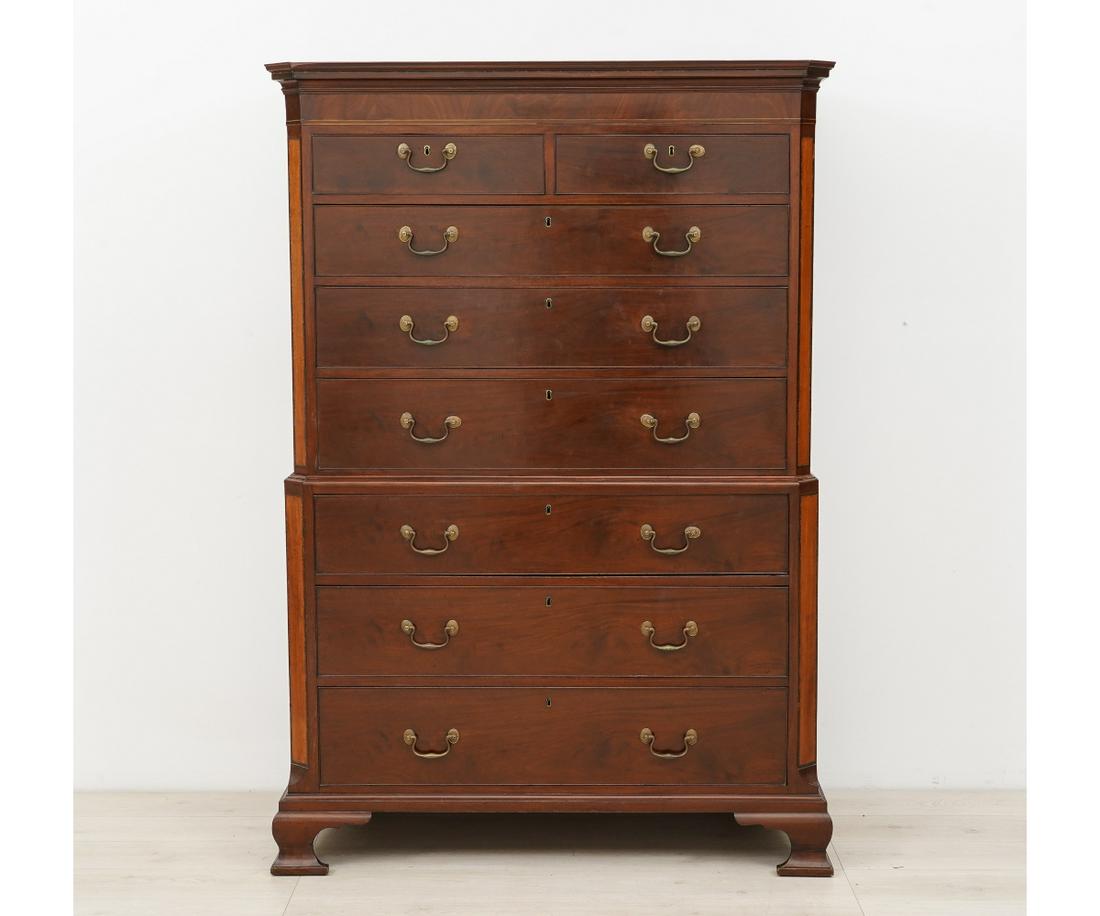 GEORGIAN MAHOGANY INLAID CHEST ON CHEST: Georgian mahogany inlaid chest on chest, circa 1780, with molded cornice and ogee bracket feet. Provenance: Peter Wetherill Antiques 69.5"h x 47.75"w x 22"d