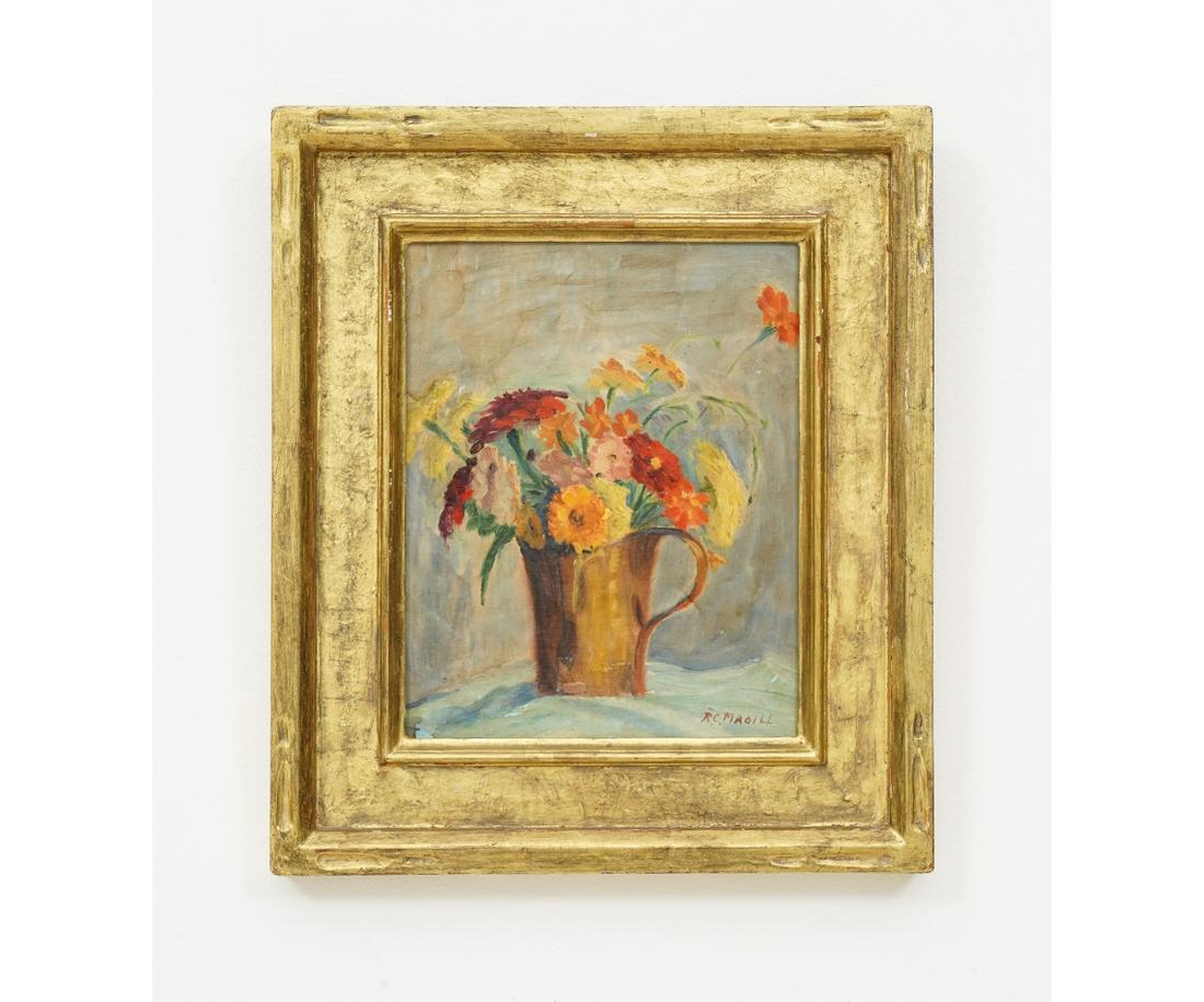 ROSCOE CLARENCE MAGILL OIL ON ARTIST BOARD: Roscoe Clarence Magill (1881-1950, PA), oil on artist board still life of flowers mounted in a gilt frame. 10" x 7.5" ss / 14.5" x 12.5" oa