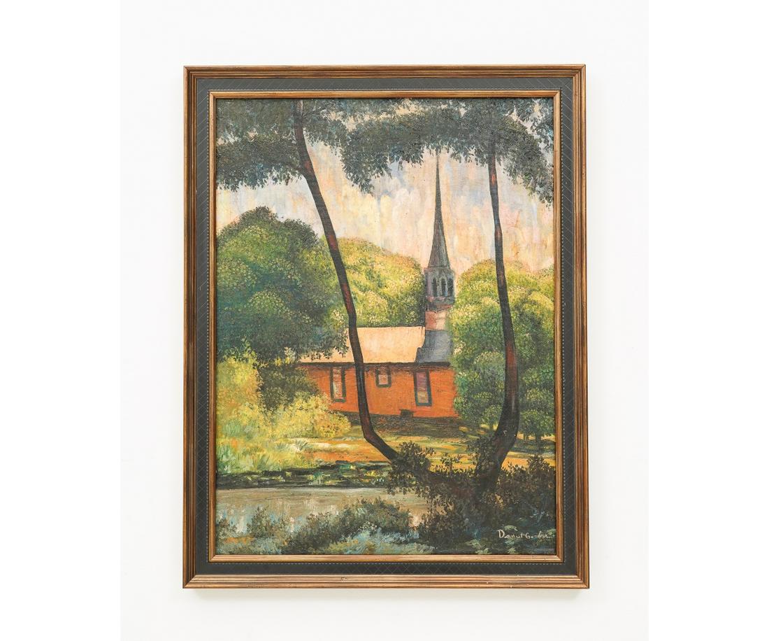 LARGE OIL ON CANVAS OF A CHURCH: Large oil on canvas of a church, signed Daniel Garber. 31" x 23" ss / 35" x 27.5" oa