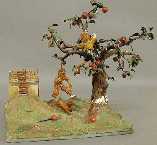 Painted plaster model of an orchard with an angry: Painted plaster model of an orchard with an angry farmer, dog and a boy picking apples. As found. 16.5"h.