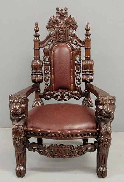 Maitland Smith carved ebonized child's throne chai: Maitland Smith carved ebonized child's throne chair. 35.5"h.x22"w.x13"d., seat 12"h.