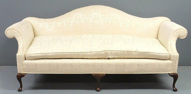 Queen Anne style mahogany camelback sofa by Southw: Queen Anne style mahogany camelback sofa by Southwood Furniture Corp, Hickory, NC, with beige damask upholstery. 37.5"h.x89"l.x33.5"d., seat 18.5"h.