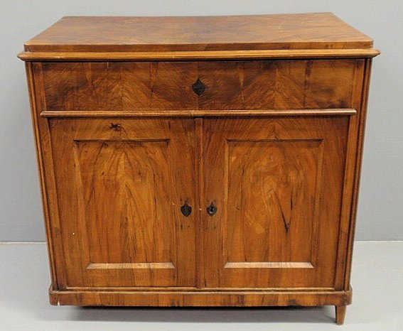 Biedermeier burlwood cabinet with two doors. As fo: Biedermeier burlwood cabinet with two doors. As found. 32.5"h.x35"w.x21"d.