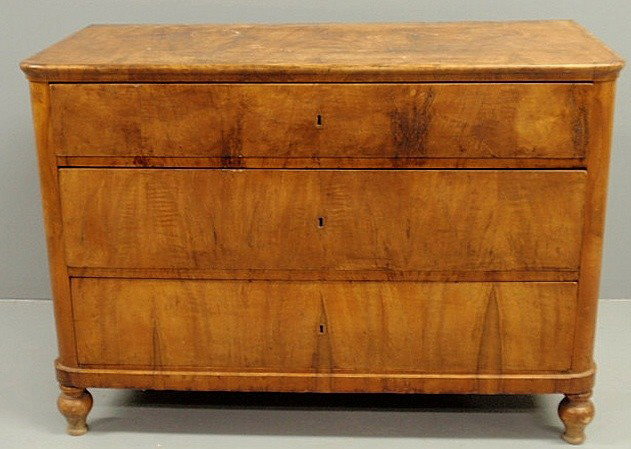 Biedermeier three-drawer chest, 19th c., with burl: Biedermeier three-drawer chest, 19th c., with burl veneers. 33.5"h.x47"w.x23"d.
