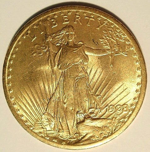 1908 St. Gaudens twenty-dollar gold coin, BU.: 1908 St. Gaudens twenty-dollar gold coin, BU.