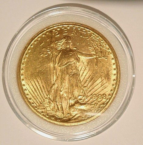 1908 St. Gaudens twenty-dollar gold coin, BU, slab: 1908 St. Gaudens twenty-dollar gold coin, BU, slab cased.