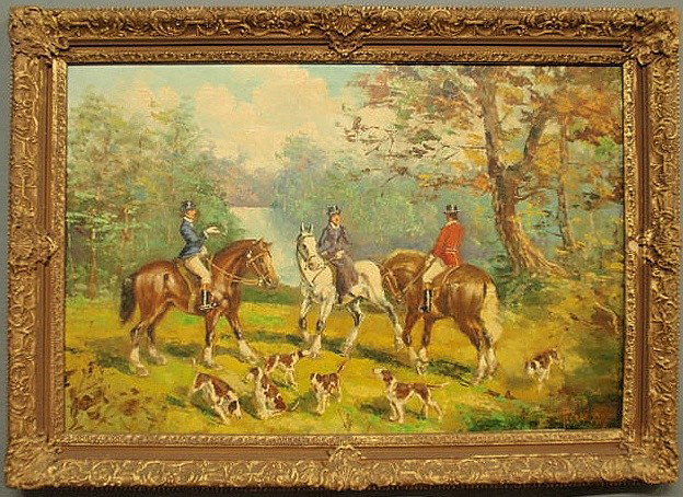 Oil on canvas painting of a foxhunting landscape s: Oil on canvas painting of a foxhunting landscape scene, signed l.r indistinctly. 23"x33"