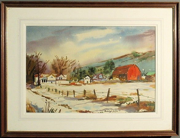 Bye, Ranulph (De Bayoux) [American, 1916-2003] wat: Bye, Ranulph (De Bayoux) [American, 1916-2003] watercolor painting of a winter landscape with a red barn and village, signed l.r. "Ranulph Bye". 12"x18.5