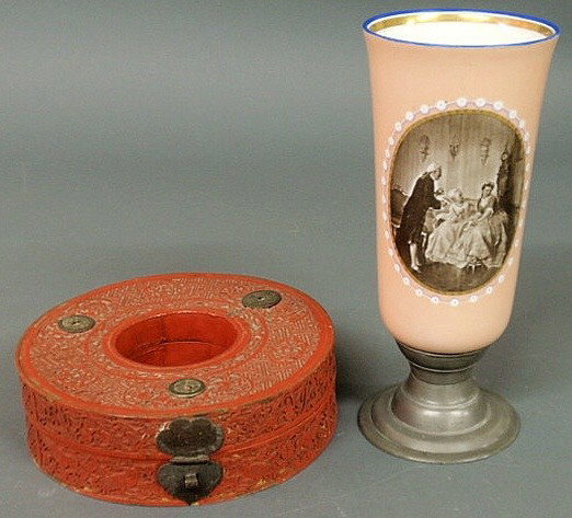 Chinese cinnabar round box 7.75"dia. and a pink va: Chinese cinnabar round box 7.75"dia. and a pink vase with pewter base 10"h.
