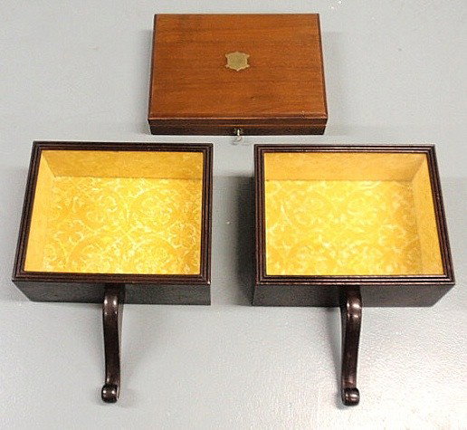 Pair of mahogany wall bracket shadow boxes with hi: Pair of mahogany wall bracket shadow boxes with hinged back doors 15"h.x11"w.x4"d., and a mahogany storage box 2.75"h.x12"x9