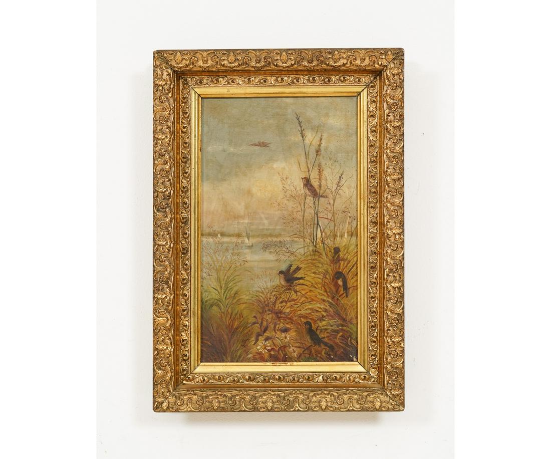 VICTORIAN OIL ON CANVAS: Victorian oil on canvas of birds and sail boats, unsigned. 15.5" x 9" ss / 20.5" x 14.25" oa