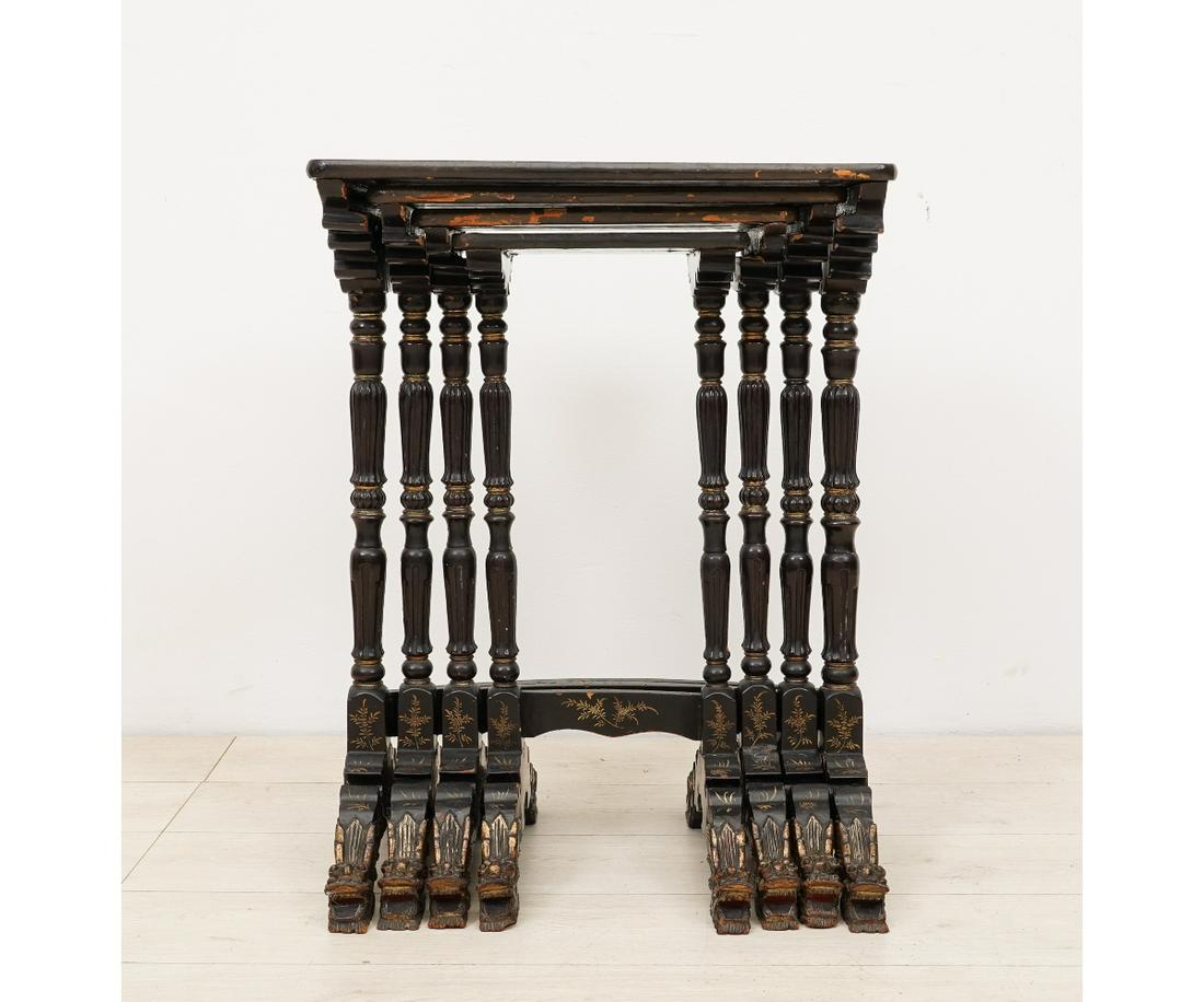 BLACK LACQUERED NEST OF TABLES: Black lacquered nest of tables, 19th c. Largest: 29"h x 21.5"w x 13.5"d