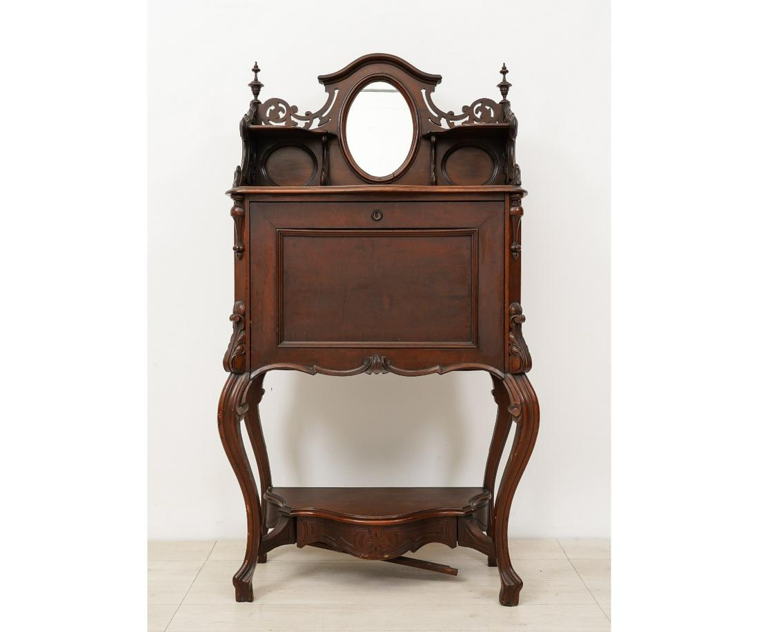 ORNATE VICTORIAN SECRETAIRE A ABBATANT: Ornate Victorian mahogany secretaire a abbutant with maple document drawers. 65"h x 35.5"w x 15.5"d