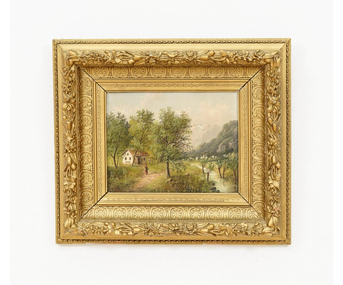 OIL ON CANVAS BELGIUM LANDSCAPE: Oil on canvas Belgium landscape, late 19thc., pencil inscription on stretcher " _ Belgium", signed lower left (covered by frame), mounted in a gilt frame. 7.5" x 9.5" ss / 15.25" x 17.25" oa