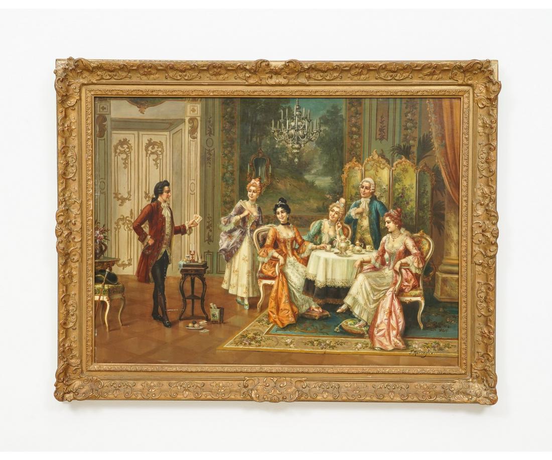 F. MARCEGLIA OIL ON CANVAS: F. Marceglia oil on canvas laid down on Masonite, Italian court scene with court jester, mounted in an ornate gilt frame. 28" x 38.5" ss / 36" x 46" oa