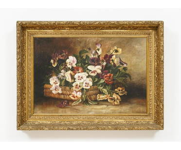 VICTORIAN OIL ON CANVAS STILL LIFE: Victorian oil on canvas still life of pansies, unsigned, mounted in an ornate gilt frame. 15" x 21" ss / 20.5" x 27.5" oa