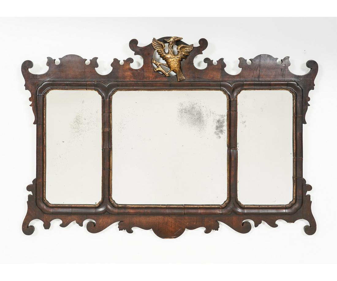 CHIPPENDALE STYLE OVERAL MANTEL MIRROR: Chippendale style mahogany over mantel mirror, late 19th c., with gilt phoenix. 32.5"h x 46"w