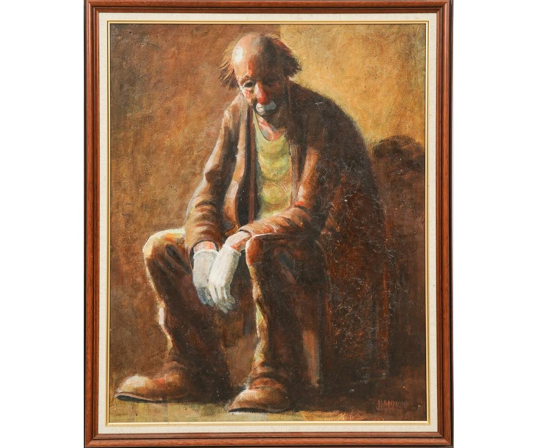 PORTRAIT OF A CLOWN: Oil on board of a seated clown, signed Hammond "75". 29.5" x 23.25" ss / 33.5" x 27.5" oa