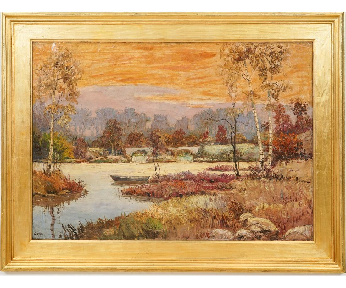R. CONE FALL LANDSCAPE: R. Cone, large luminescent fall landscape with birch trees and a row boat, signed lower left. 29.5" x 41.5" ss / 39" x 50" oa