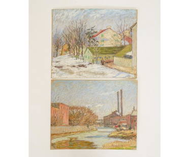 TWO A.V. GREENE PASTELS: Two Albert Van Nesse Greene (1887-1971, PA) pastels, one of the Village of Yellow Springs and possibly Phoenixville, PA, unsigned. 9" x 11"