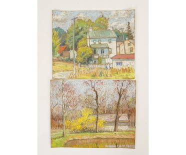 TWO ALBERT VAN NESSE GREENE PASTELS: Two Albert Van Nesse Greene (1887-1971, PA) unframed pastels of Chester Springs, PA, one signed. 9" x 11"