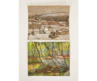 ALBERT VAN NESSE GREENE: Two unframed Albert Van Nesse Greene (1887-1971, PA) pastels probably of the Pickering Creek, signed, and bleek snow scene possibly an army depot, unsigned. 9" x 11"