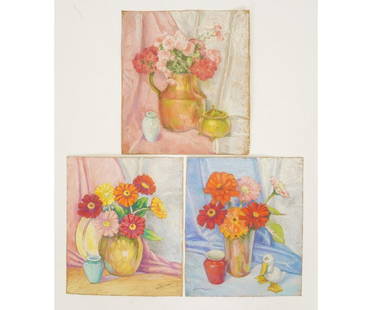 THREE ALBERT VAN NESSE GREENE PASTELS: Three Albert Van Nesse Greene (1887-1971, PA) unframed still life pastels of flowers, all signed. 12" x 11" and 11" x 9"