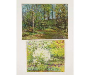 ALBERT VAN NESSE GREENE PASTELS: Albert Van Nesse Greene (1887-1971, PA) two unframed pastels of Chester Springs, in spring time, each signed. 10" x 13" and 9" x 11"