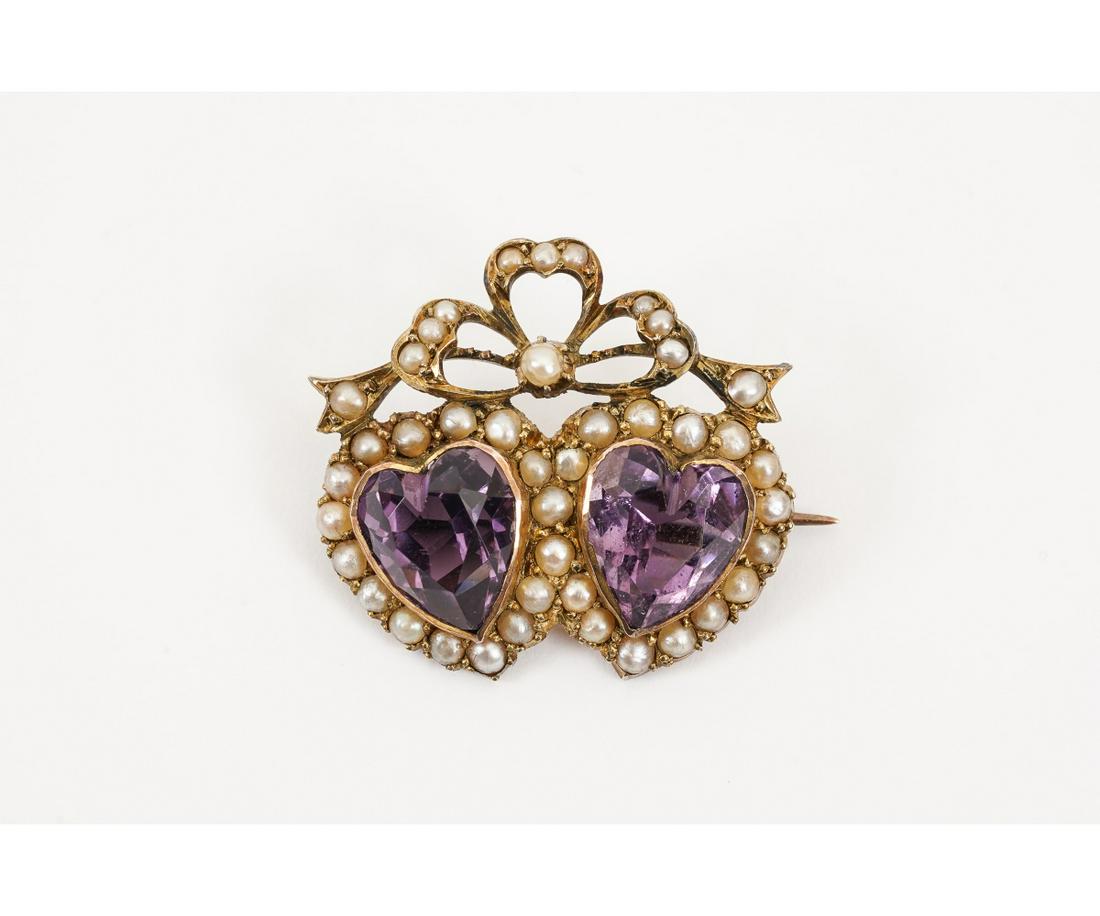 LADIES 14K GOLD AMETHYST AND SEED PEARL PIN (1 of 6)