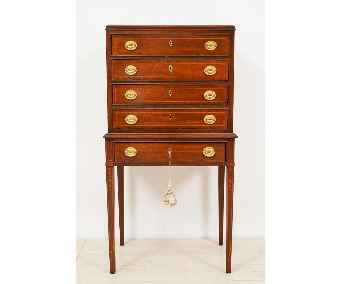 COUNCILL SILVER CHEST: Councill Hepplewhite style mahogany one piece silver chest. 43.25"h x 23"w x 16.75"d