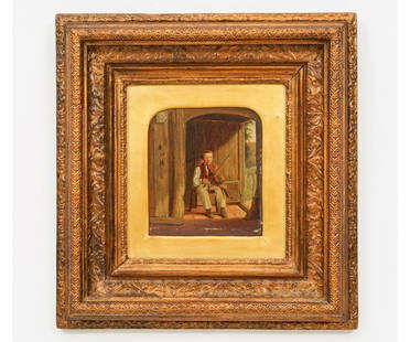 OIL ON PANEL OF A BOY MUSICIAN: William Sidney Mount (1807-1868) oil on panel of a boy musician titled verso "Vocal and Instrumental", signed Wm. S. Mount, with related newspaper article. 6.5" x 5.75" ss / 16.25" x 15.5" oa