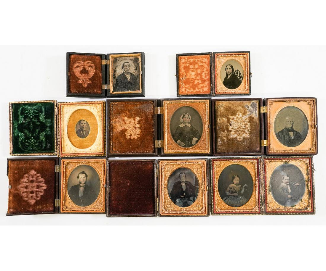 TINTYPES AND AMBROTYPES: Tintypes and ambrotypes people, some in gutta percha cases by Littlefield, Parsons & Co., Holmes, Booth & Haydens' including an ambrotype of Franklin G. Smith, died 1865. Largest: 3.5" x 3.5"