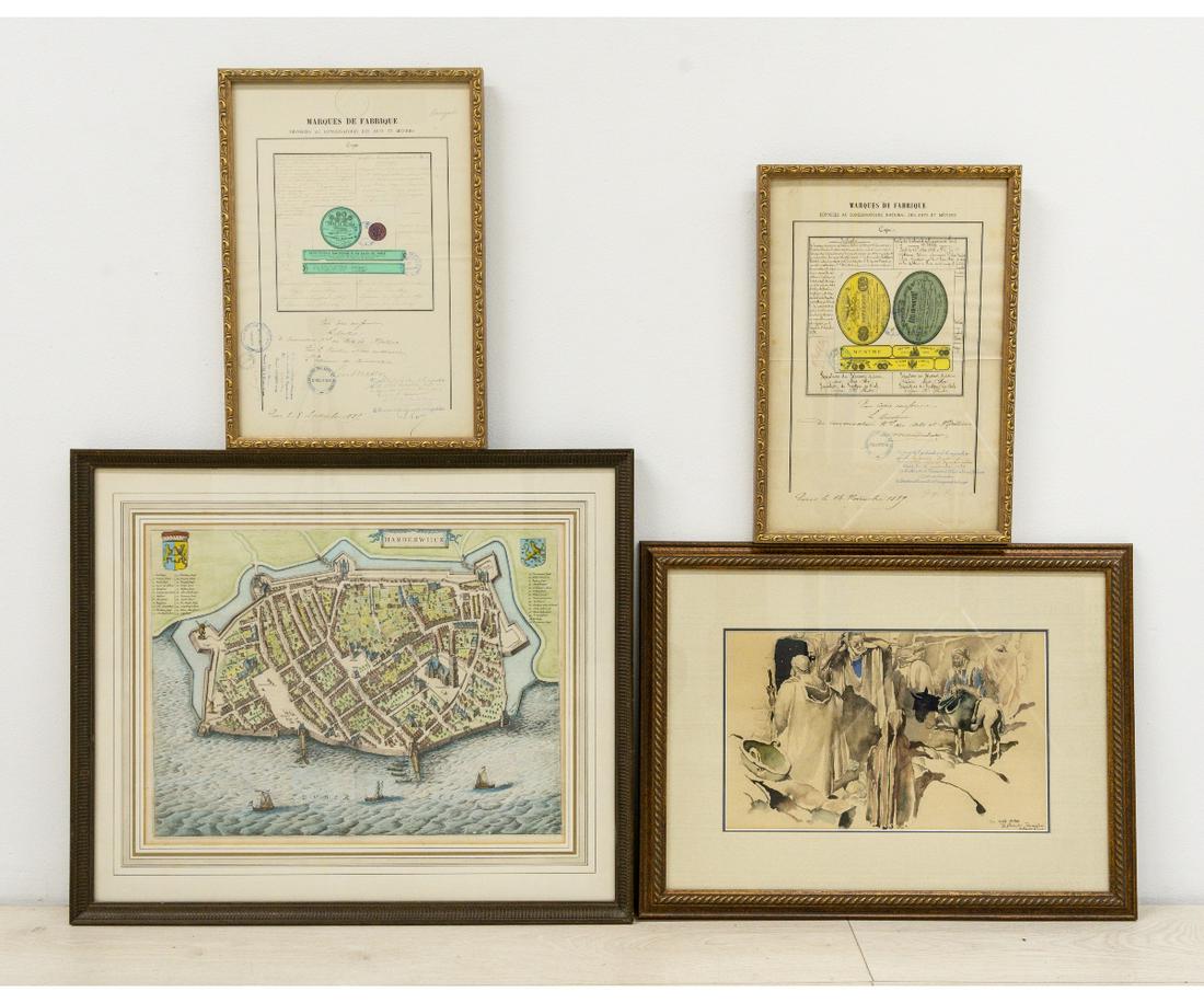 FRAMED PRINTS etc.: Framed and matted watercolor of Arabs with inscription; together with a hand colored map of Harderwiich and two French documents dated 1889. Largest: 15" x 19.5" ss / 22.75" x 27" oa