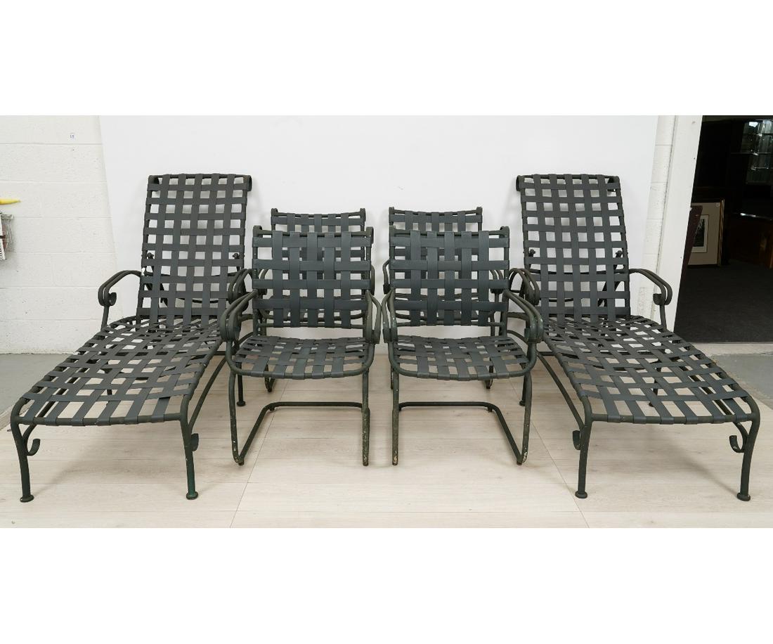 BROWN JORDAN OUTDOOR FURNITURE: Brown Jordan outdoor furniture to include two chaise lounges and four chairs. Chaises: 42"h x 25.75"w x 64"d / seat height = 16" Chair: 36"h x 23.5"w x 19"d / seat height = 16.5"