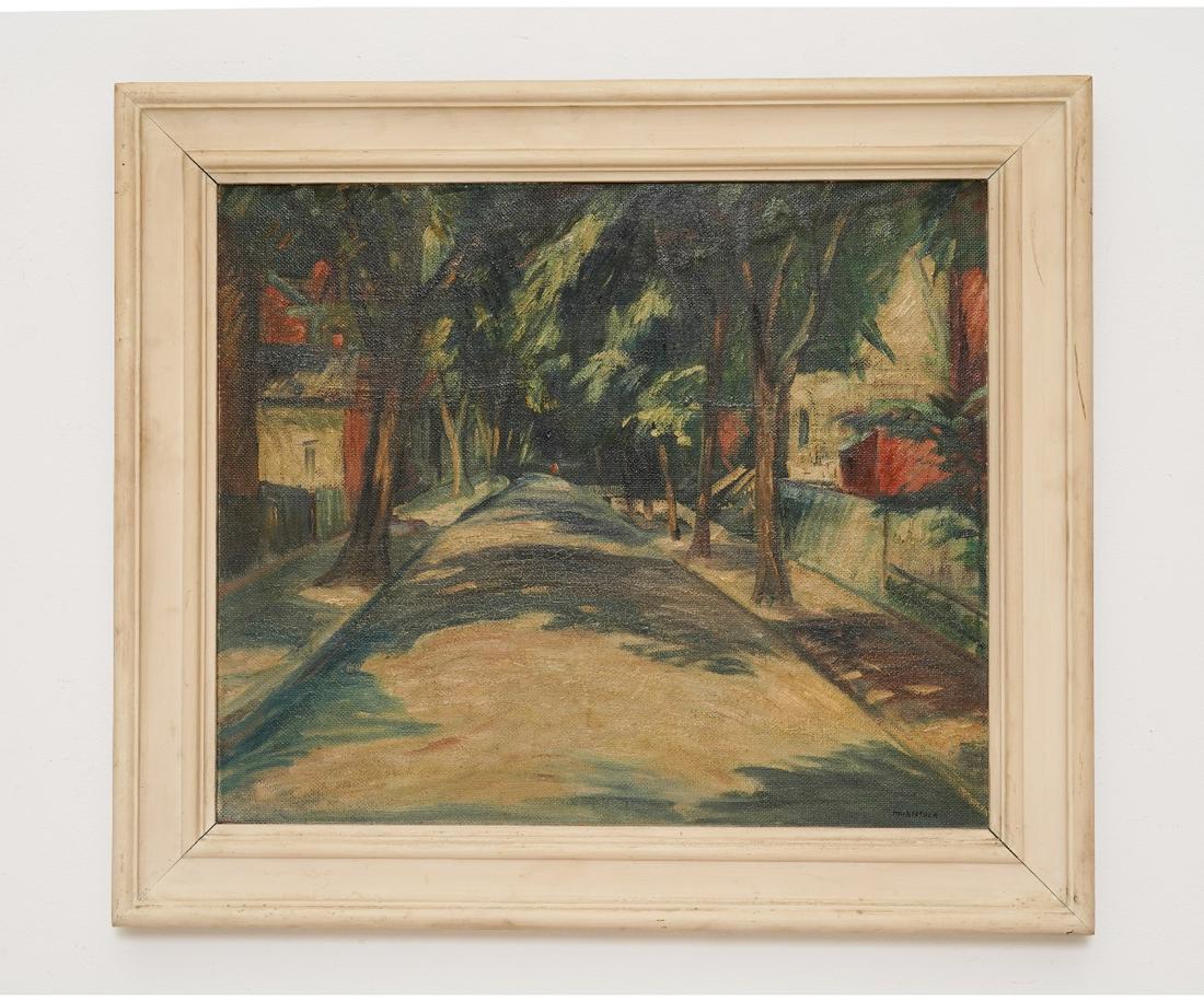 LOUIS MUHLSTOCK OIL ON CANVAS: Louis Muhlstock (1904-2001, Canadian) oil on Masonite titled "Ste. Famille St. Montreal" with Royal Canadian Academy of Arts lable verso. 19" x 23" ss / 25" x 29" oa