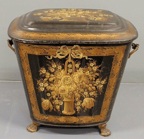 Tole decorated metal Victorian coalscuttle. 16"h.x: - Tole decorated metal Victorian coalscuttle. 16”h.x19”w.