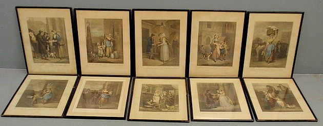 Set of ten framed hand-colored stipple engravings: - Set of ten framed hand-colored stipple engravings (after) Francis Wheatley, British, 1747-1801, from the series titled “The Cries of London”, published by L. Schiavonetti et al. Image 14”x11��