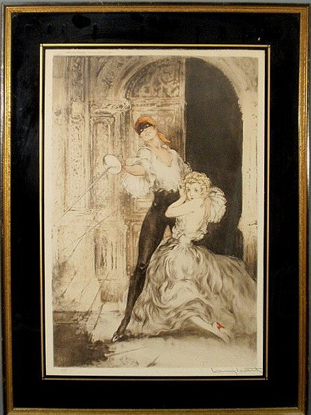 Icart, Louis [French, 1888-1950] etching titled "D: - Icart, Louis [French, 1888-1950] etching titled “Don Juan” with a man with a mask, red scarf and a sword in his hand with a woman kneeling at his feet, pencil signed l.r., windmill stamp and num