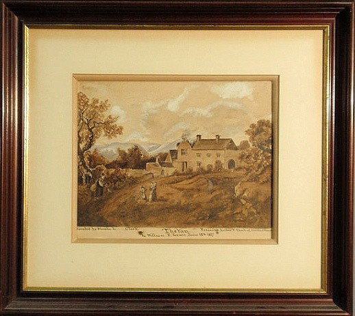Watercolor painting of a Tudor manor house with a: - Watercolor painting of a Tudor manor house with a woman holding a small child and a young girl standing beside her with a gentleman coming up the lane, inscribed “Presented by Geo. T. Clark of Dow