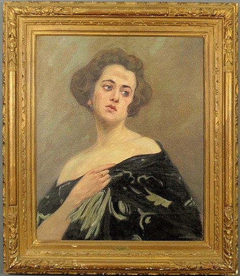 Bauer, Emil [Swiss, 1891-1960] oil on canvas socie: - Bauer, Emil [Swiss, 1891-1960] oil on canvas society portrait of a seated woman, 20th c., signed l.r. “Emil Bauer”. 23.25”x19.25”