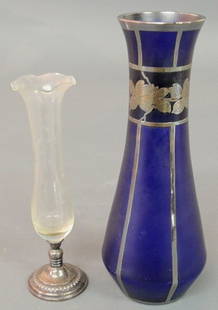 Cobalt satin glass vase with silver overlay 9"h.,: Cobalt satin glass vase with silver overlay 9"h., c.1890, and a glass bud vase with sterling silver base 7"h.