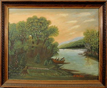 Primitive oil on artist board painting of a river: Primitive oil on artist board painting of a river and fishermen in two boats signed l.r. "M. Wisotsky". 16"x20"