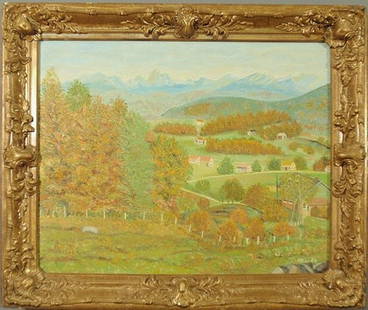 Oil on masonite fall landscape painting with vill: Oil on masonite fall landscape painting with village and hills signed l.r. "Heller". 15.75"x19.5"
