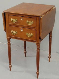 Sheraton mahogany drop-leaf work table, c.1820, w: Sheraton mahogany drop-leaf work table, c.1820, with two drawers and delicate turned legs. 28.5"h.x17"w.x18"d.