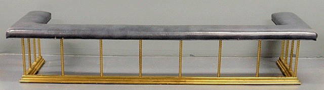 Brass and blue faux leather club fender, 20th c.: Brass and blue faux leather club fender, 20th c. 19"h.x92"l.x26"d.