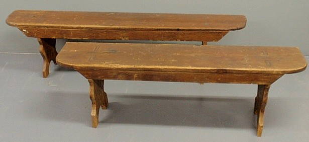 Two carved pine benches, 19th c. 17"h.x70"l.x12"d: Two carved pine benches, 19th c. 17"h.x70"l.x12"d. & 17"h.x56"l.x12"d.