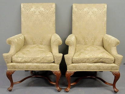 Pair of Queen Anne style mahogany armchairs with: Pair of Queen Anne style mahogany armchairs with light green damask upholstery. 45"h.x30"w.x25"d., seats 21"h.