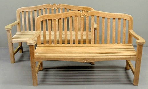 Pair of teakwood garden benches by Kingsley-Bate,: Pair of teakwood garden benches by Kingsley-Bate, Fairfax, Virginia. 35"h.x56.5"w.x19.5"d., seats 16"h.