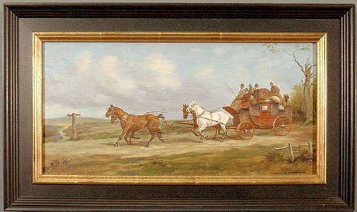 Oil on board painting of a four-in-hand coaching: Oil on board painting of a four-in-hand coaching scene signed l.r. "C. Harrison". 7.5"x15.25"